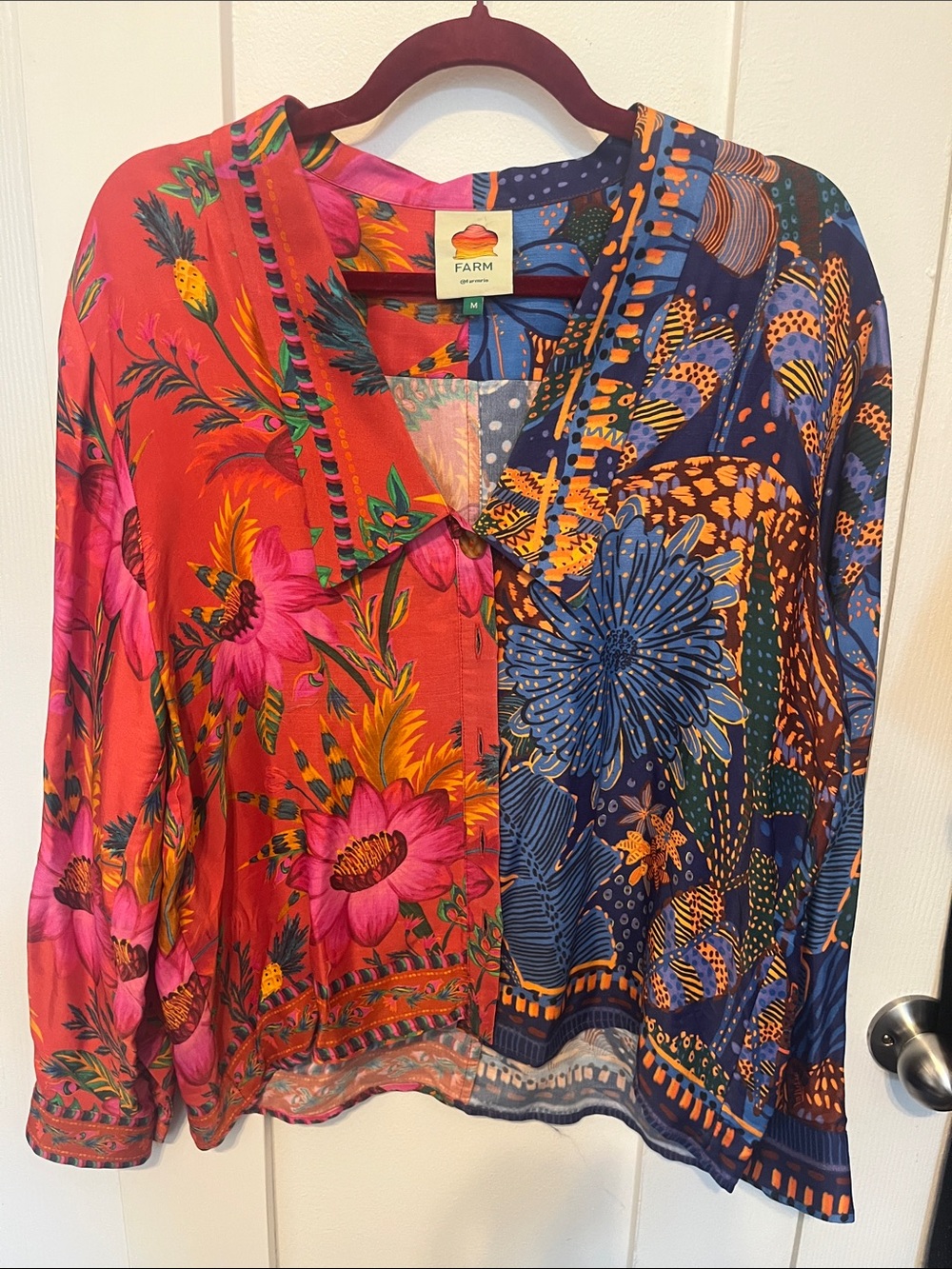 FARM Rio Vibrant Floral Colorblock Button-Down Shirt - Pink, Blue & Orange